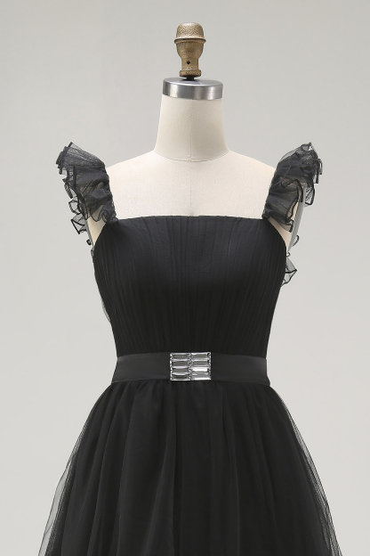 Black A-Line Tulle Tiered Formal Dress with Ruffles