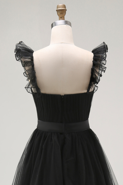 Black A-Line Tulle Tiered Formal Dress with Ruffles