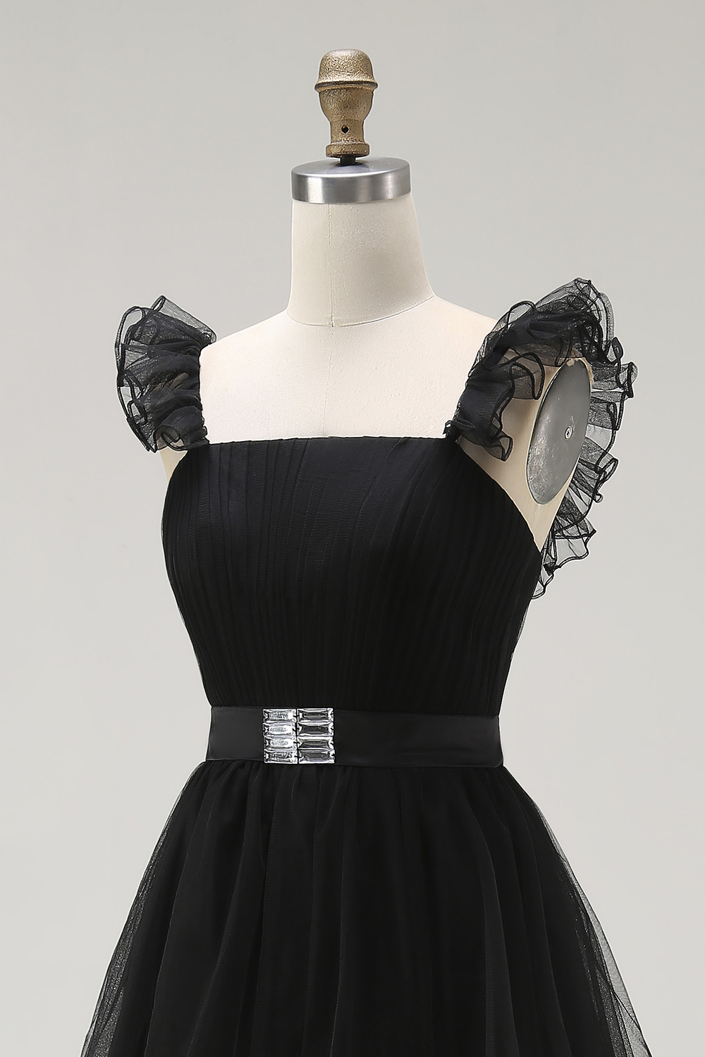 Black A-Line Tulle Tiered Formal Dress with Ruffles