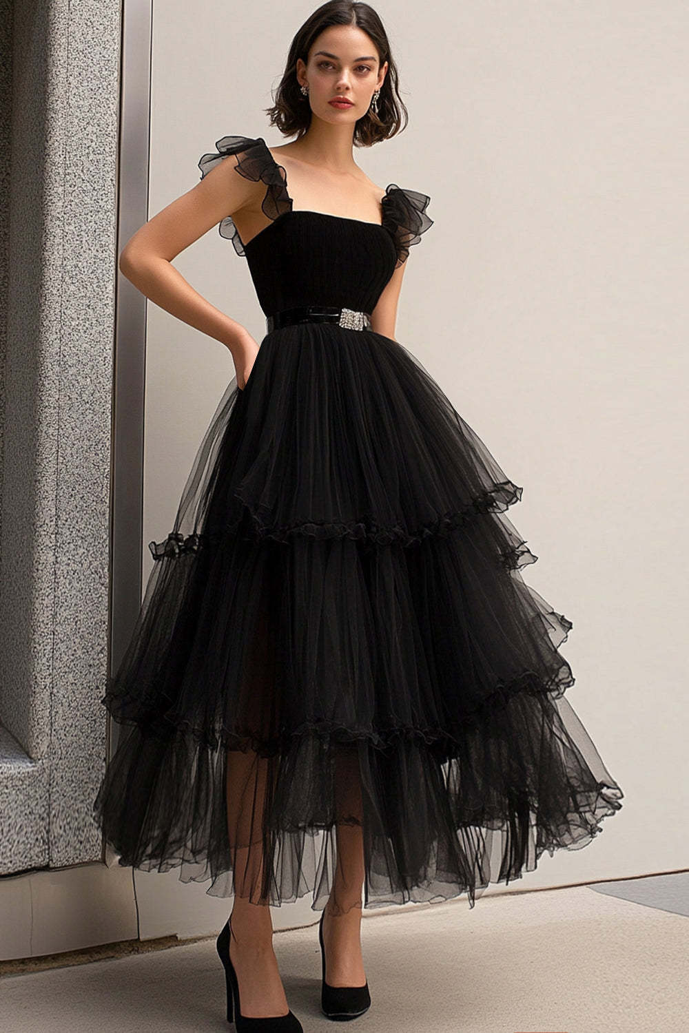 Black A-Line Tiered Tulle Formal Dress with Ruffles