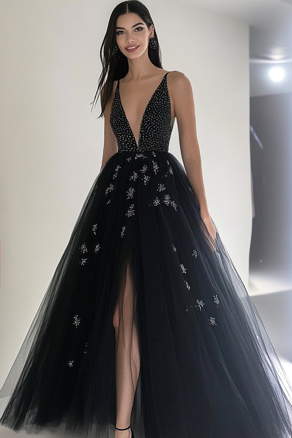 Leely Women Black Ball Gown V-Neck Beaded Formal Dress with Slit Tulle Maxi Military Ball Dress