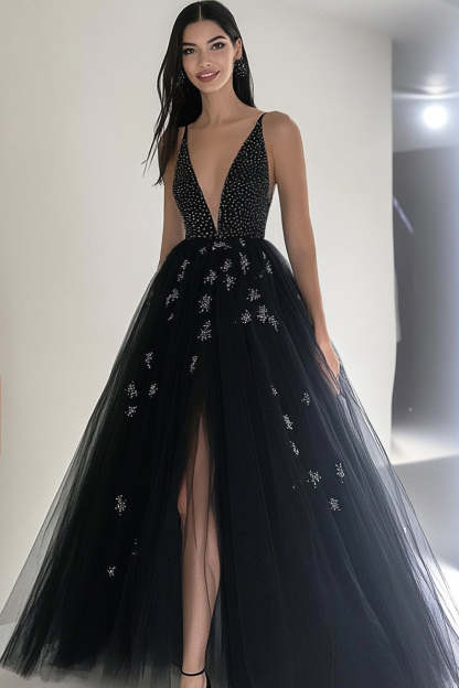 Leely Women Black Ball Gown V-Neck Beaded Formal Dress with Slit Tulle Maxi Military Ball Dress