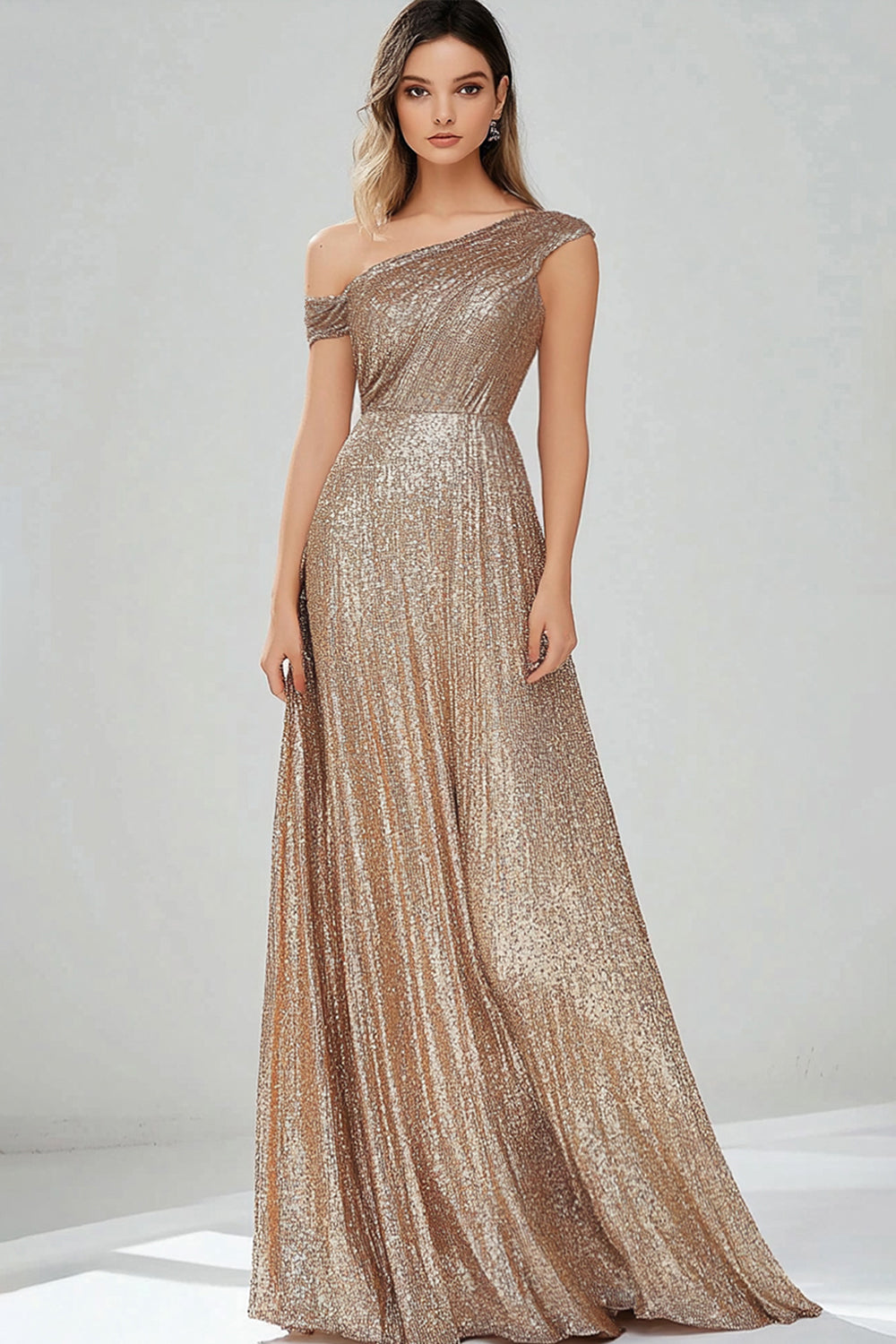 Sparkly Golden One Shoulder A-Line Sequined Formal Dress