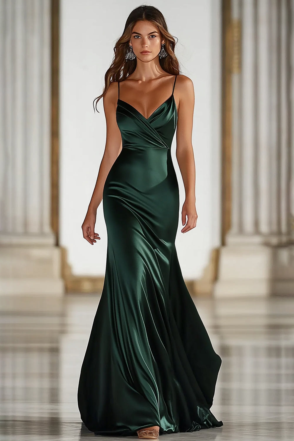 Leely Women Dark Green Formal Dress Satin Sheath Spaghetti Straps Long Evening Gala Dress
