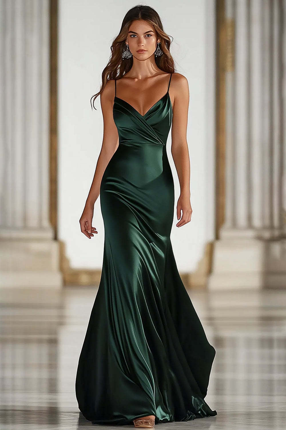 Leely Women Dark Green Formal Dress Satin Sheath Spaghetti Straps Long Evening Gala Dress