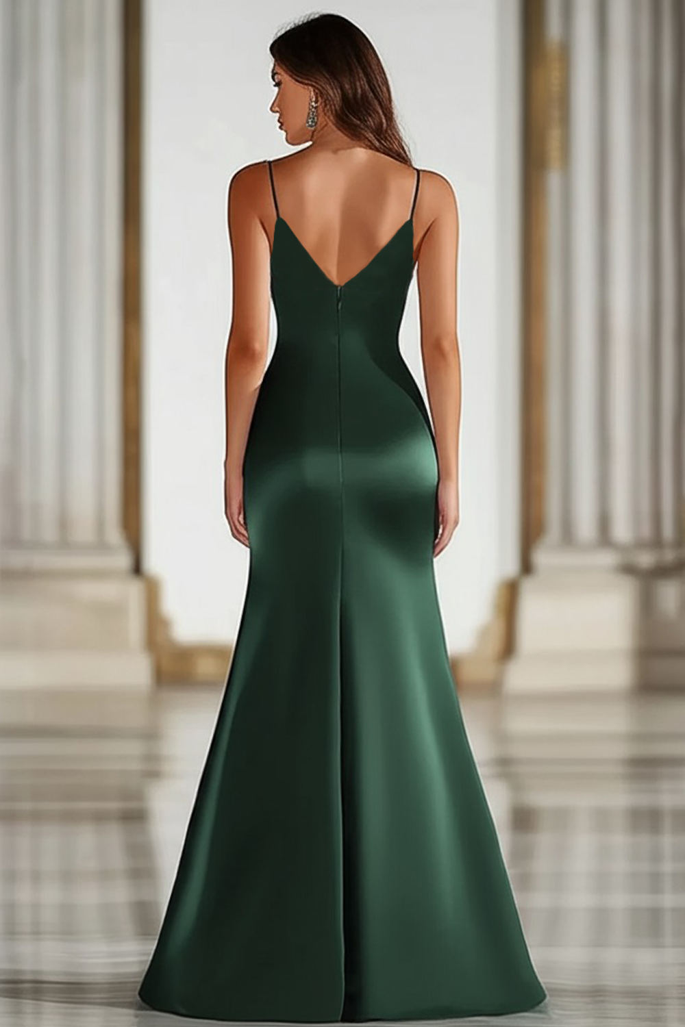 Dark Green Stretch Satin Spaghetti Straps Mermaid Formal Dress