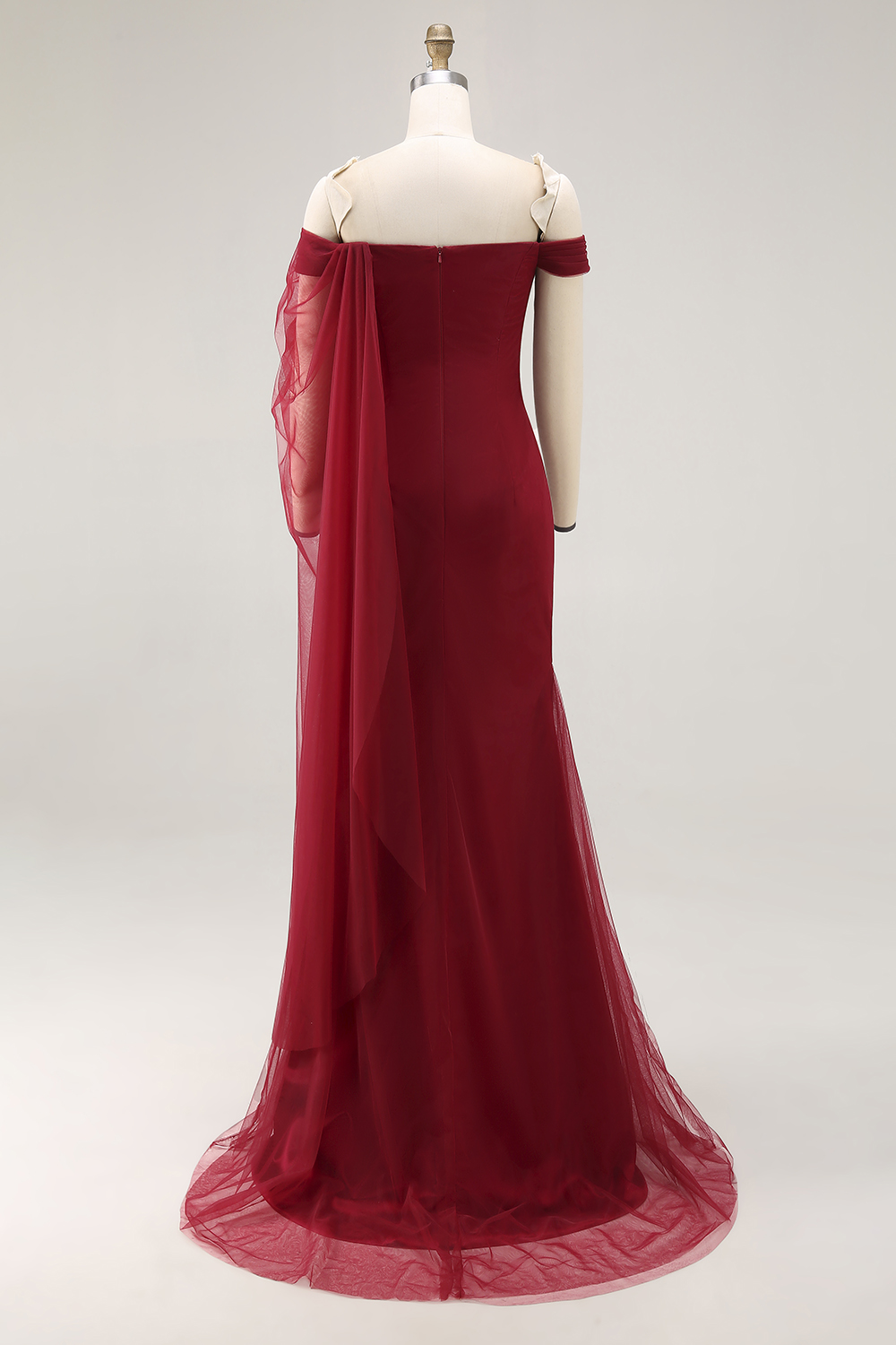 Cabernet Off the Shoulder Sheath Maxi Formal Dress with Ruffles