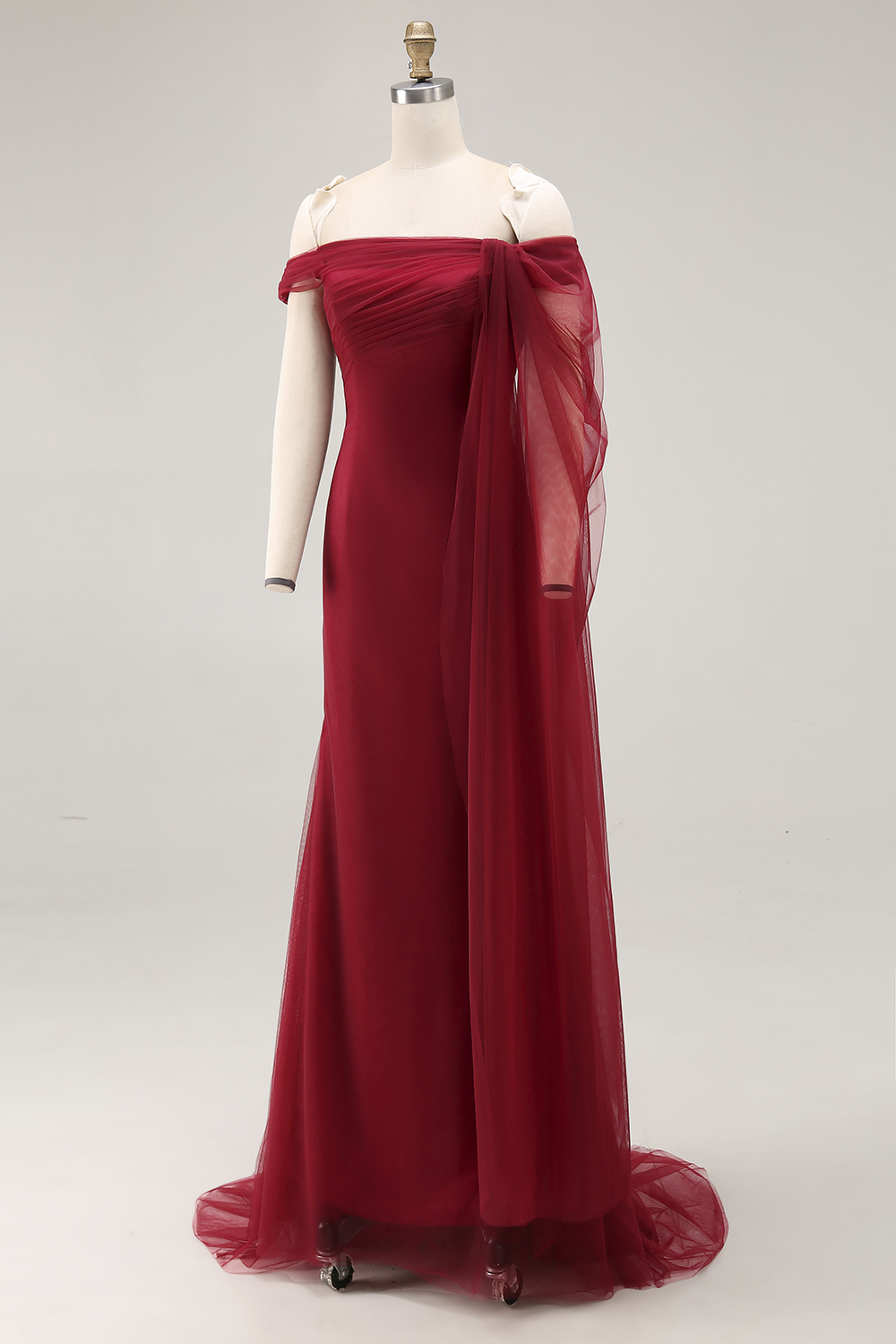 Cabernet Tulle Off the Shoulder Maxi Formal Dress with Ruffles