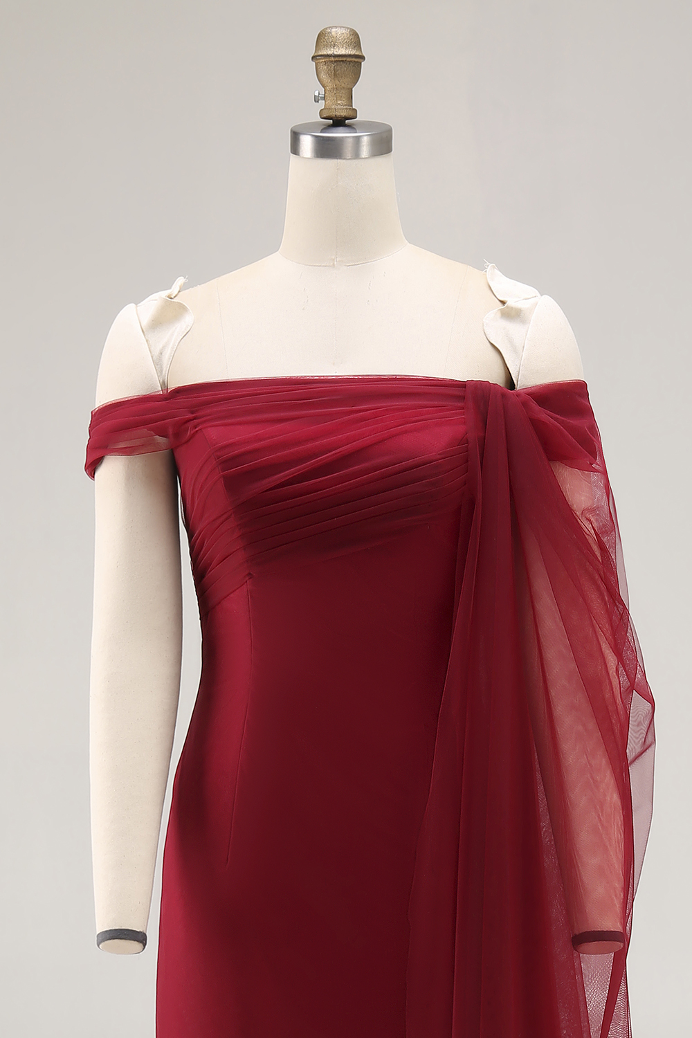 Cabernet Tulle Off the Shoulder Maxi Formal Dress with Ruffles