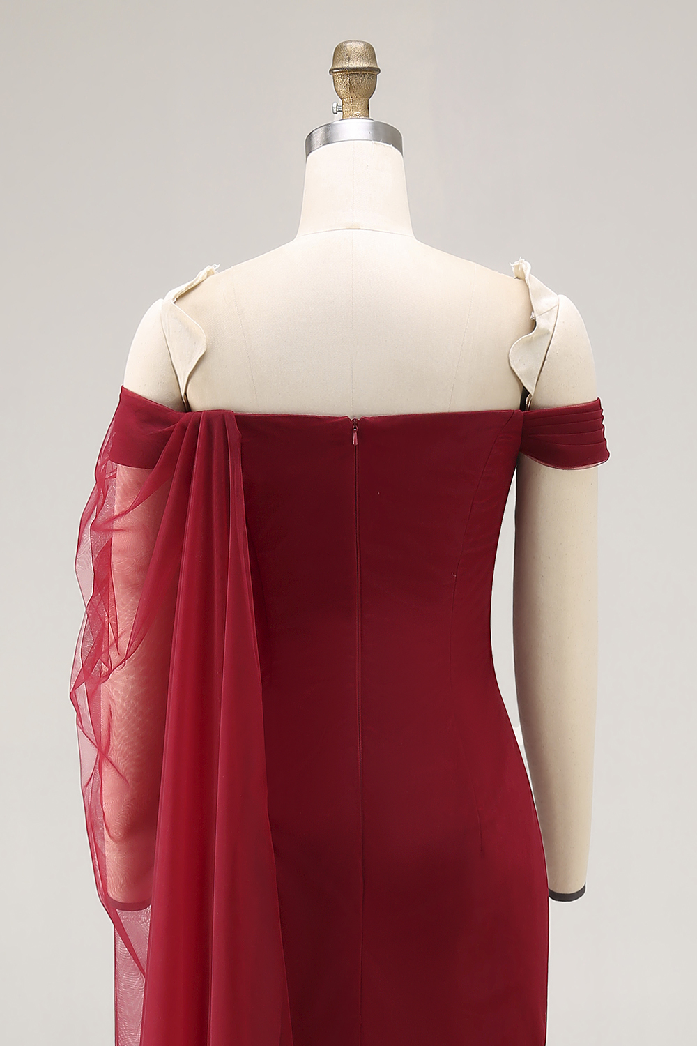 Cabernet Tulle Off the Shoulder Maxi Formal Dress with Ruffles