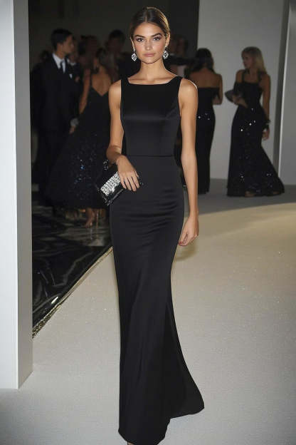 Leely Women Black Satin Formal Dress Sheath Square Neck Floor Length Evening Gala Dress