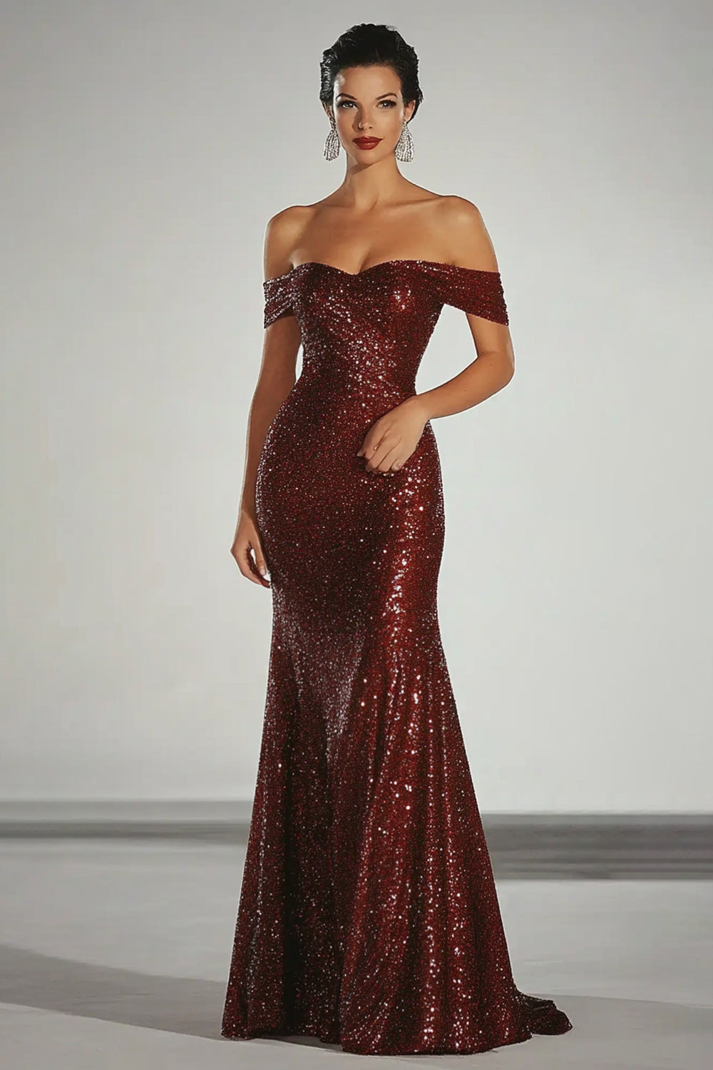 Leely Women Prom Dress Sparkly Burgundy Sequin Mermaid Formal Dress Off the Shoulder Floor Length Gala Dress