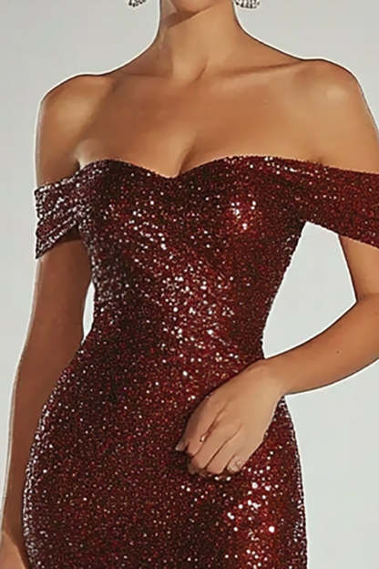 Sparkly Burgundy Off the Shoulder Sequin Bodycon Formal Dress