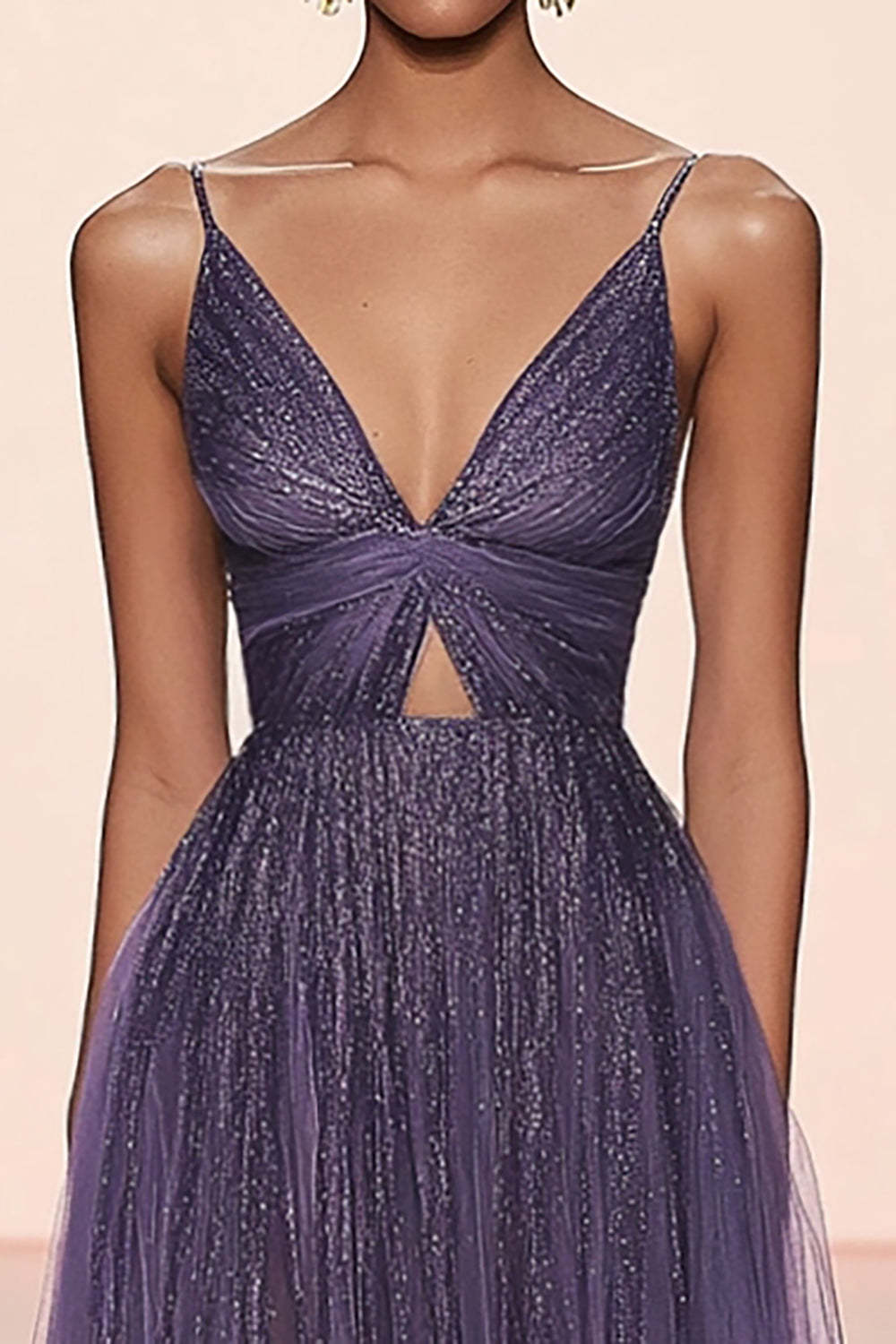 A Line Grey Purple Tulle Glitter Keyhole Maxi Formal Dress