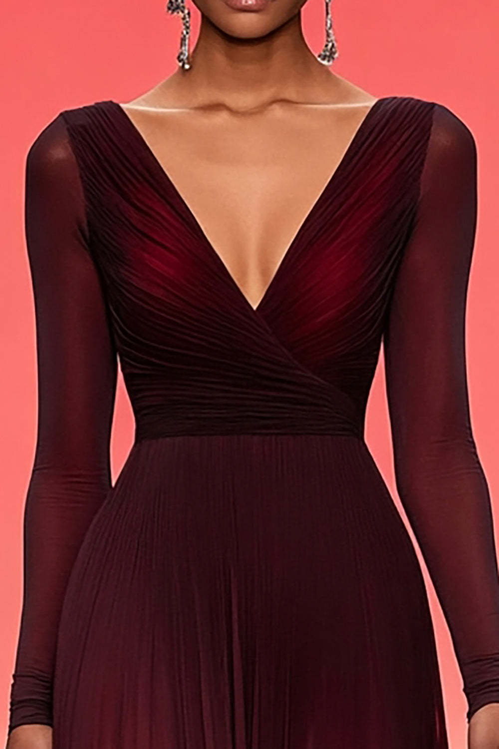 Burgundy V-Neck A Line Maxi Formal Dress with Long Sleeves
