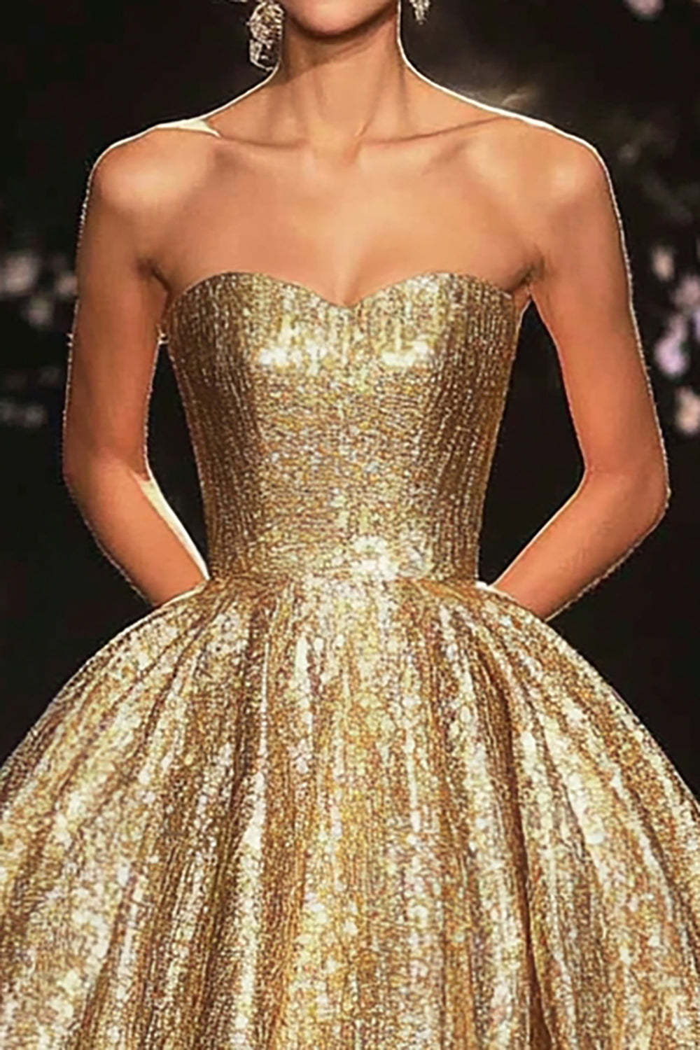 Sparkly Gold Princess Ball Gown Strapless Floor Length Formal Dress