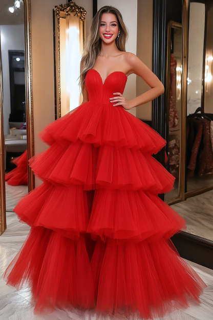 Leely Women Red Tulle Sweetheart Prom Dress Ball Gown Tiered Maxi Formal Dress Military Ball Dress