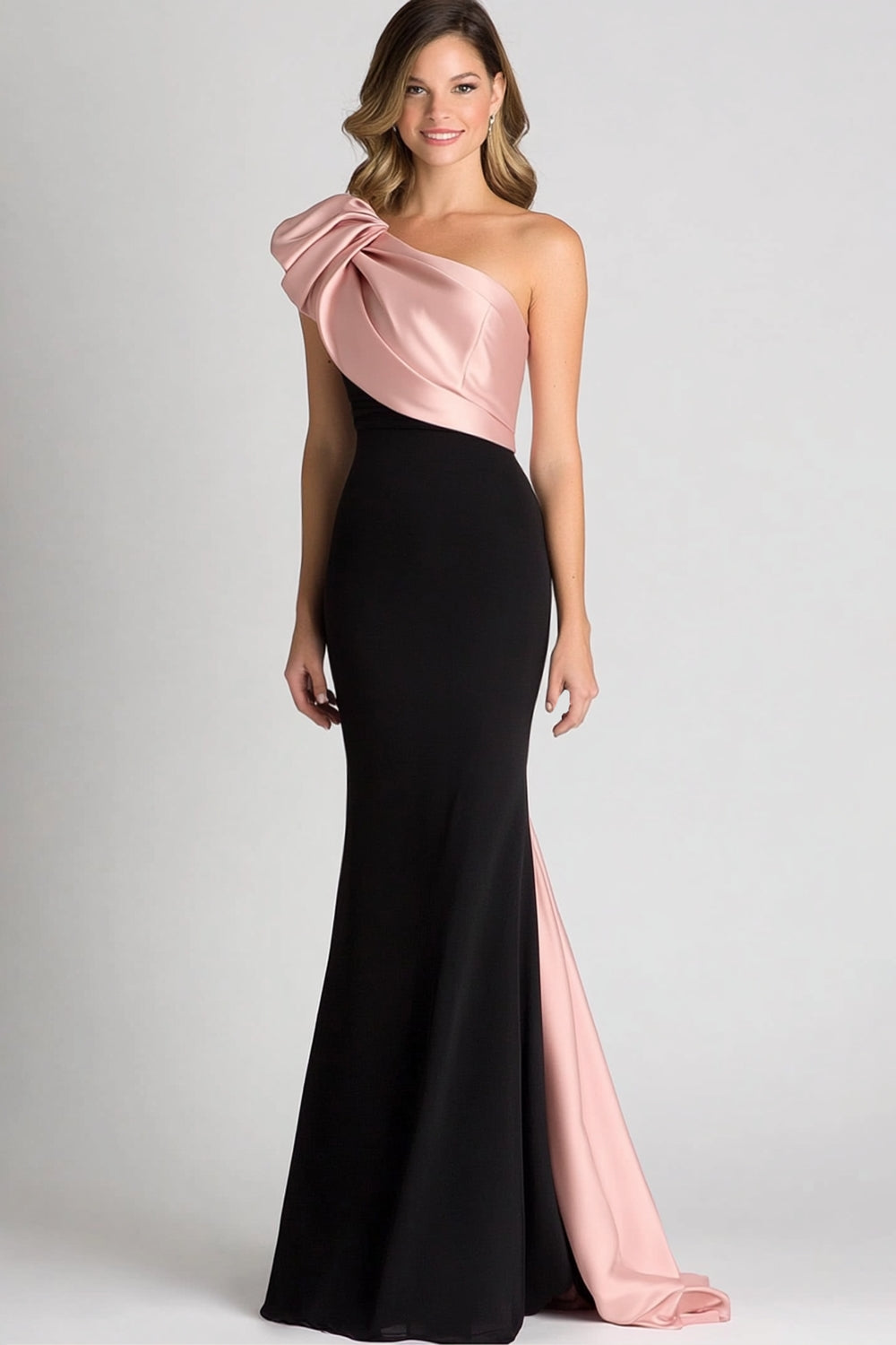 Leely Women Black Blush Satin Sheath Prom Dress One Shoulder Formal Dress Floor Length Gala Dress