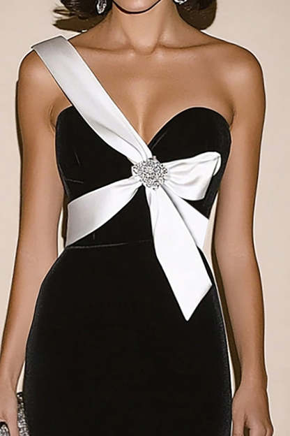 One Shoulder Sheath Black White Long Formal Dress with Slit