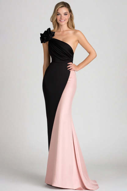 Leely Women Black Blush Satin Sheath Prom Dress with Flower One Shoulder Formal Dress Floor Length Gala Dress
