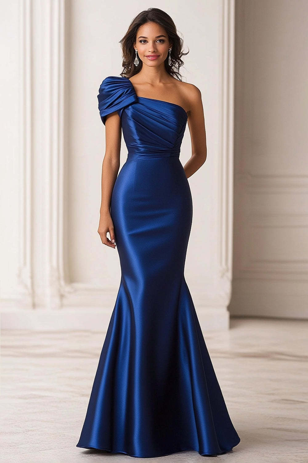 Leely Women Dark Blue Mermaid Prom Dress One Shoulder Satin Formal Dress Ruched Floor Length Military Dress