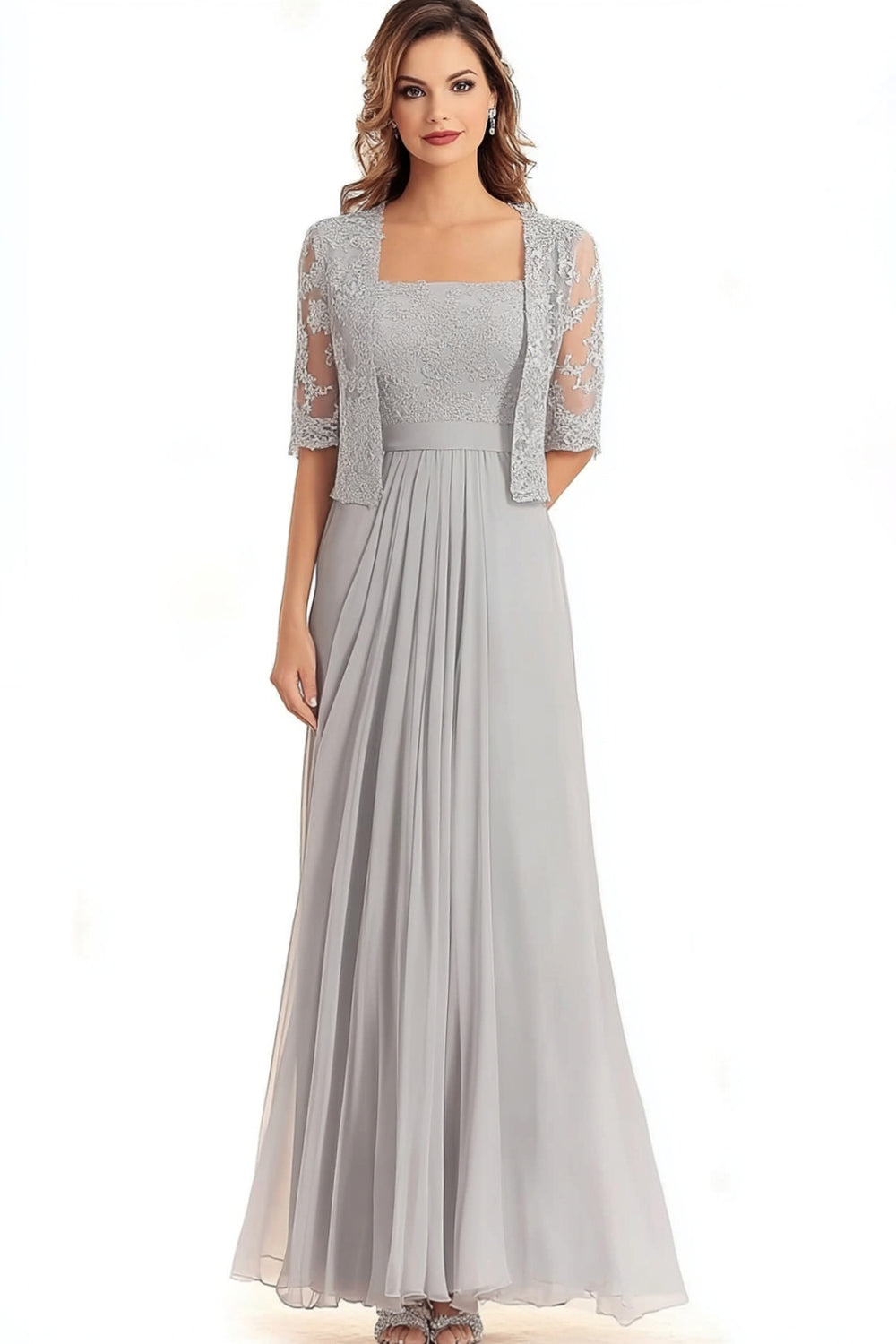 Silver Square Neck Lace Applique Mother of the Bride Dress
