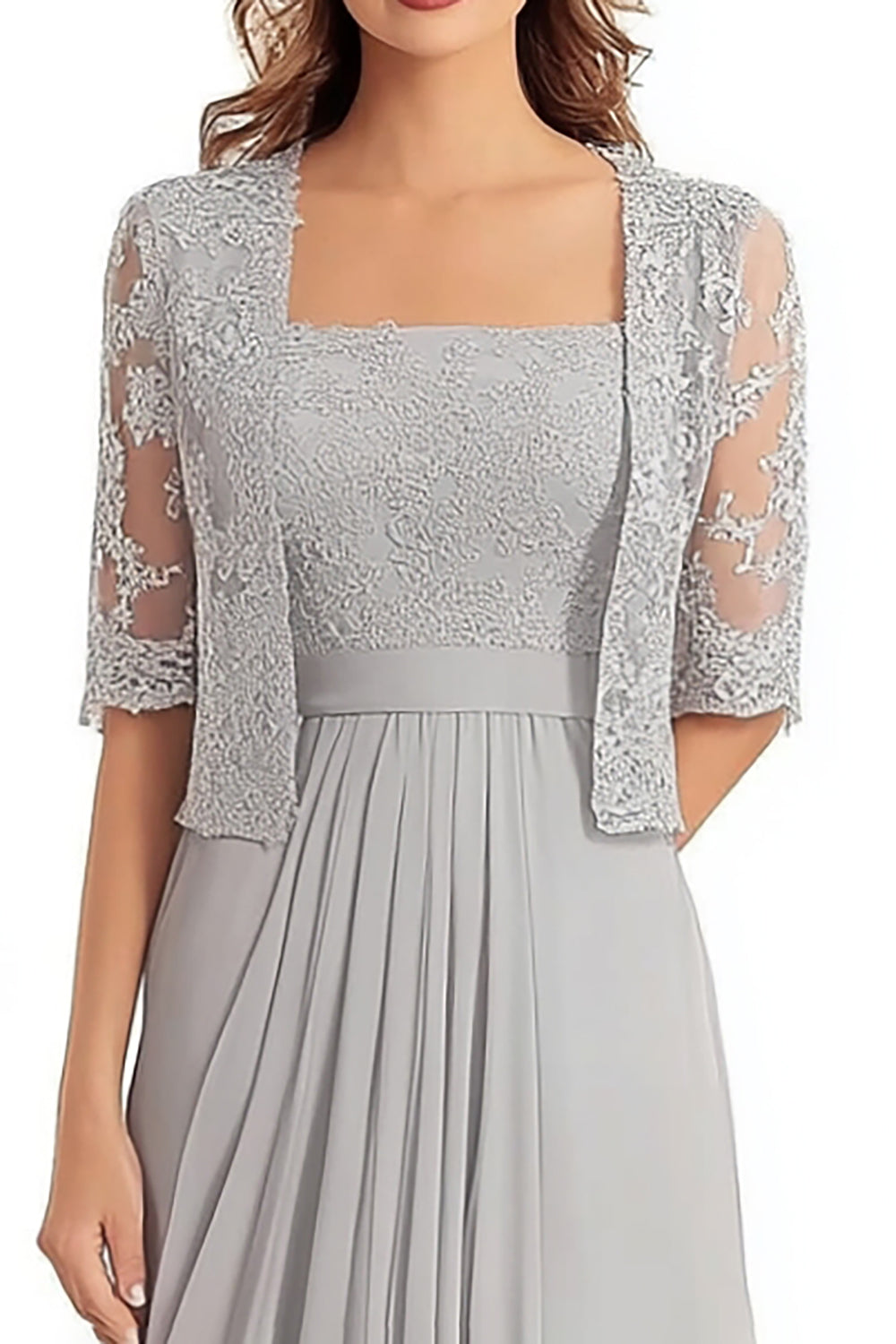 Silver Square Neck Lace Applique Mother of the Bride Dress