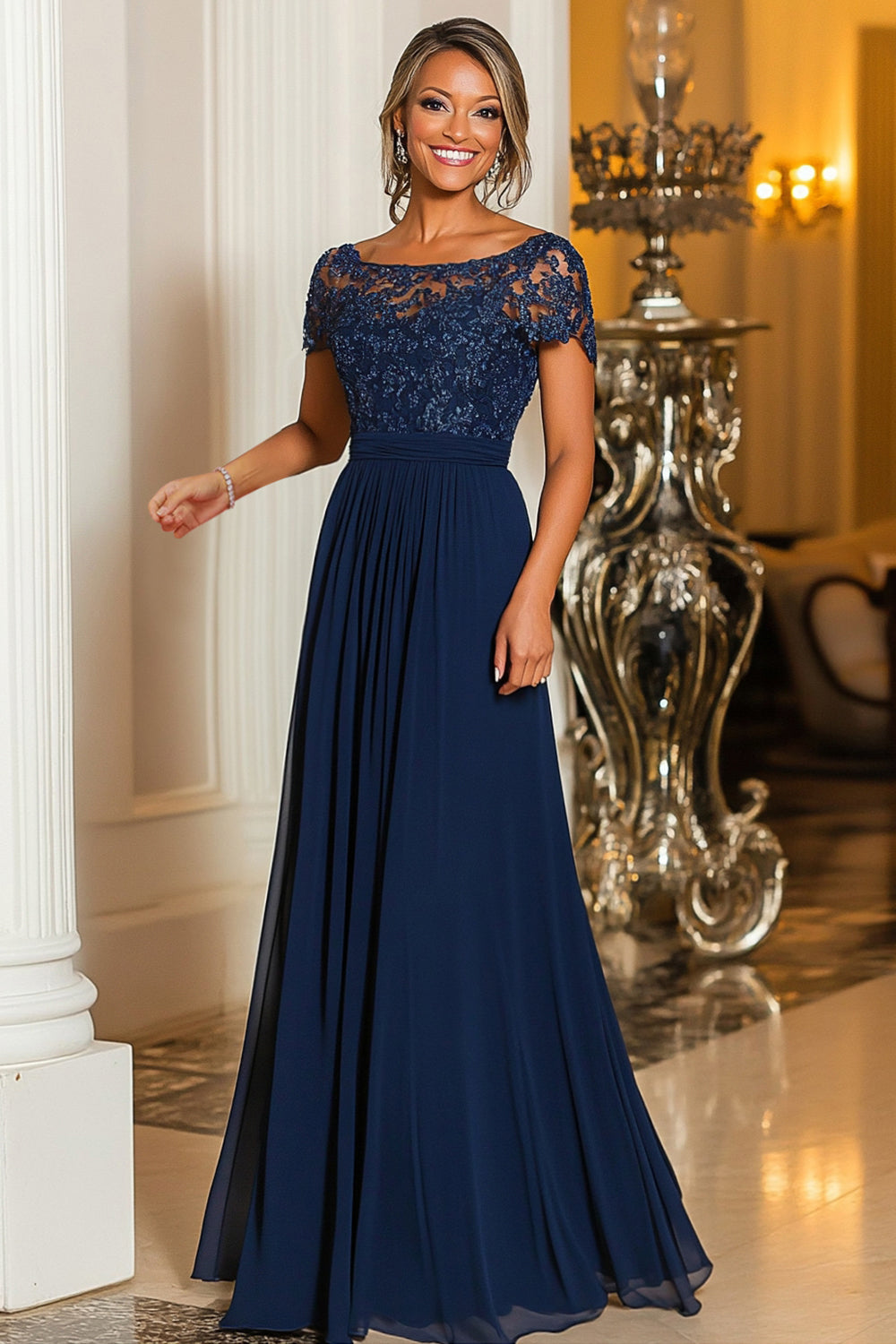 Leely Women Navy A-Line Chiffon Mother of the Bride Dress Short Sleeves Applique Maxi Formal Dress