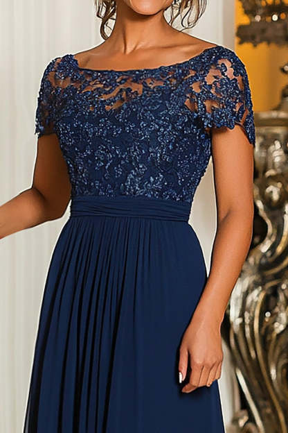 Navy Short Sleeves Applique A-Line Chiffon Mother of the Bride Dress