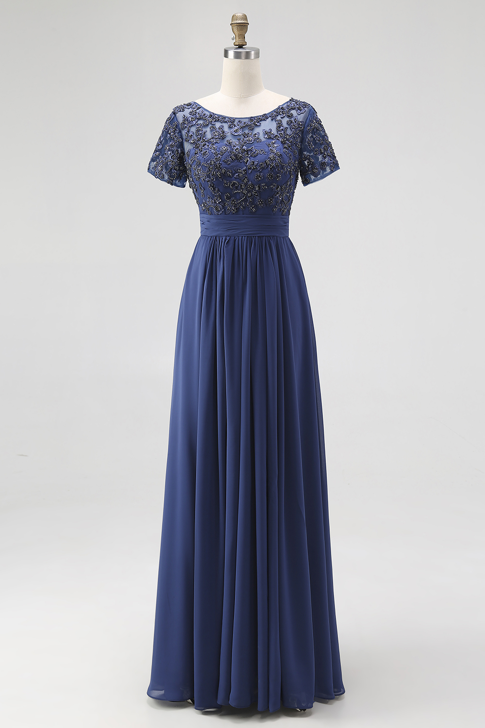 Navy Short Sleeves Applique A-Line Chiffon Mother of the Bride Dress