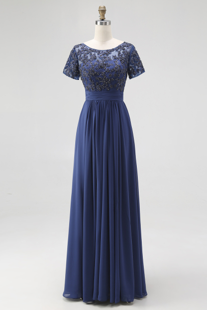 Navy Short Sleeves Applique A-Line Chiffon Mother of the Bride Dress