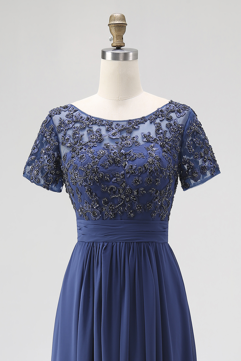 Navy Short Sleeves Applique A-Line Chiffon Mother of the Bride Dress
