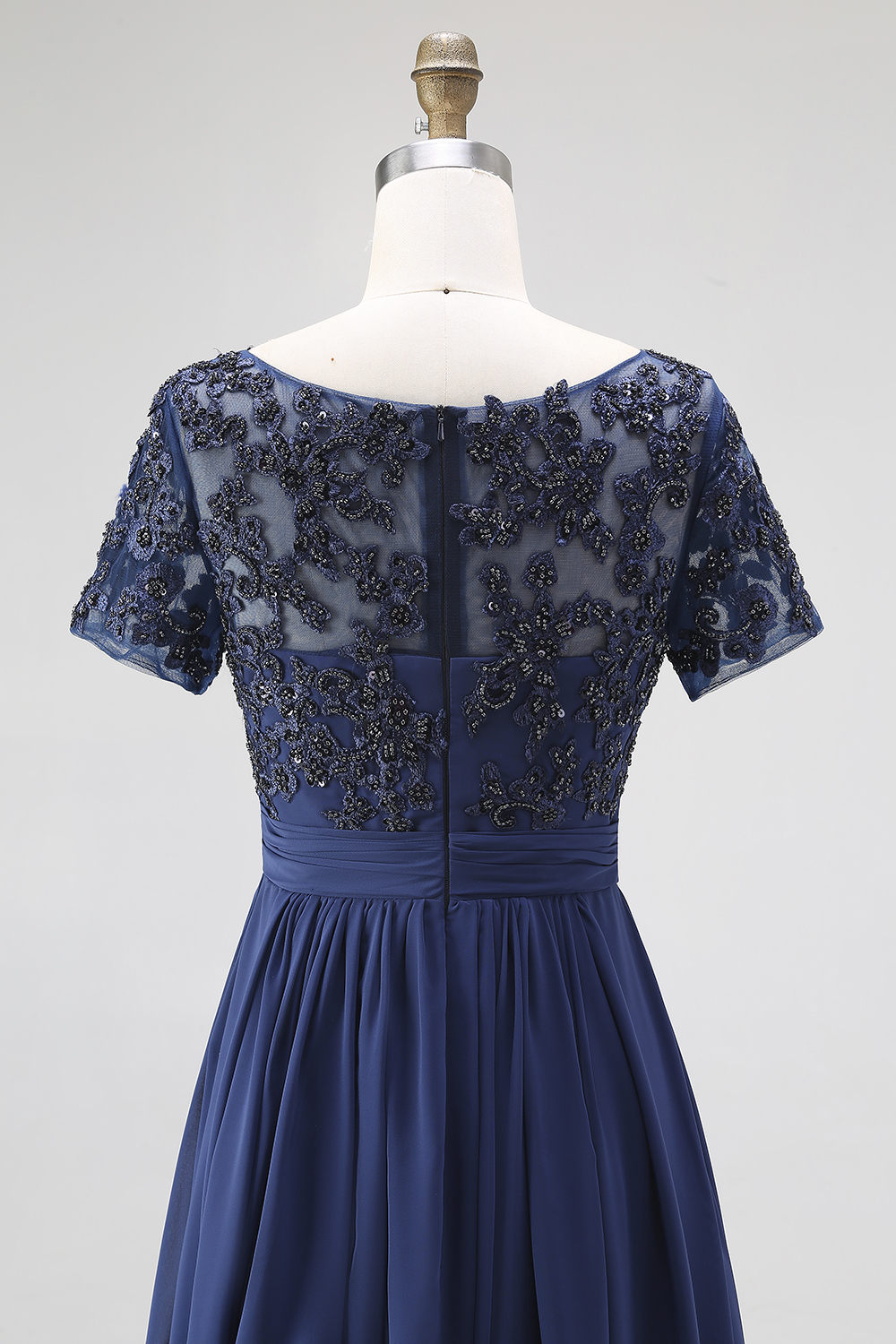 Navy Short Sleeves Applique A-Line Chiffon Mother of the Bride Dress