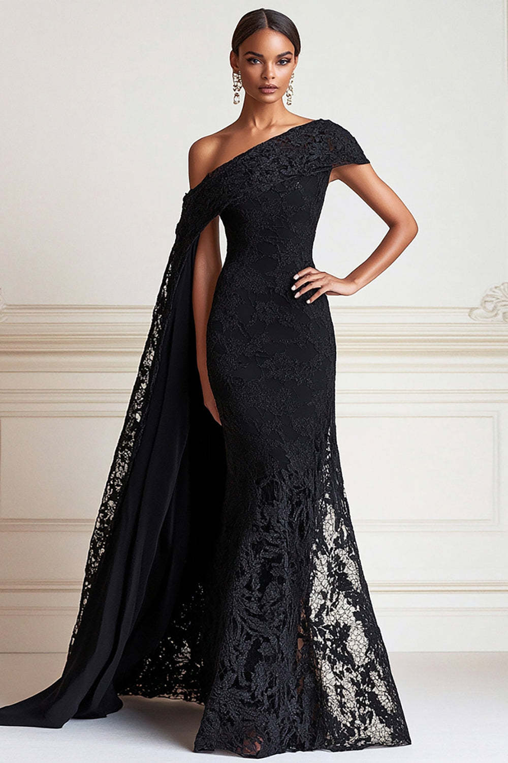 Leely Women Black Off The Shoulder Sheath Lace Mother of the Bride Dress with Side Cape Floor Length Formal Dress