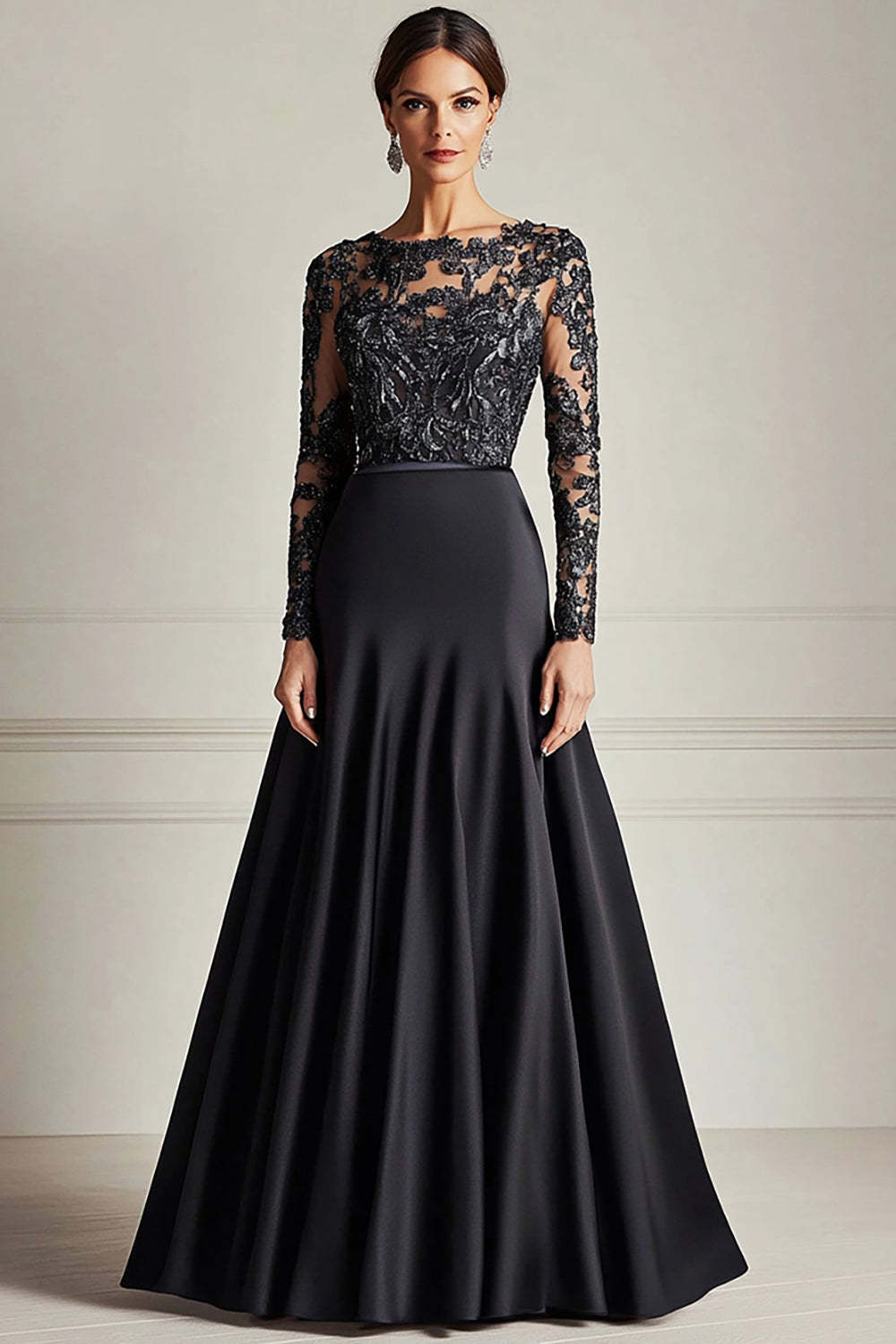 Leely Women Black Scoop Neck Lace Applique Mother of the Bride Dress Long Sleeves A Line Floor Length Satin Formal Dress