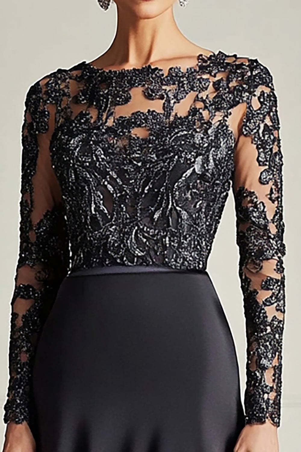 Black A Line Satin Lace Applique Mother of the Bride Dress