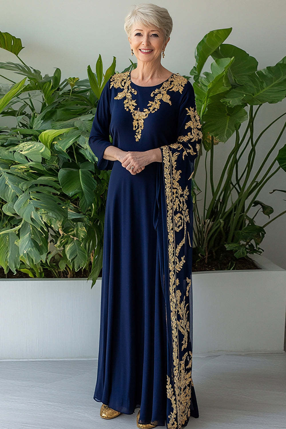 Leely Women Navy Chiffon Lace Mother of the Bride Dress with Cape Embroidery Sheath Floor Length Wedding Guest Dress