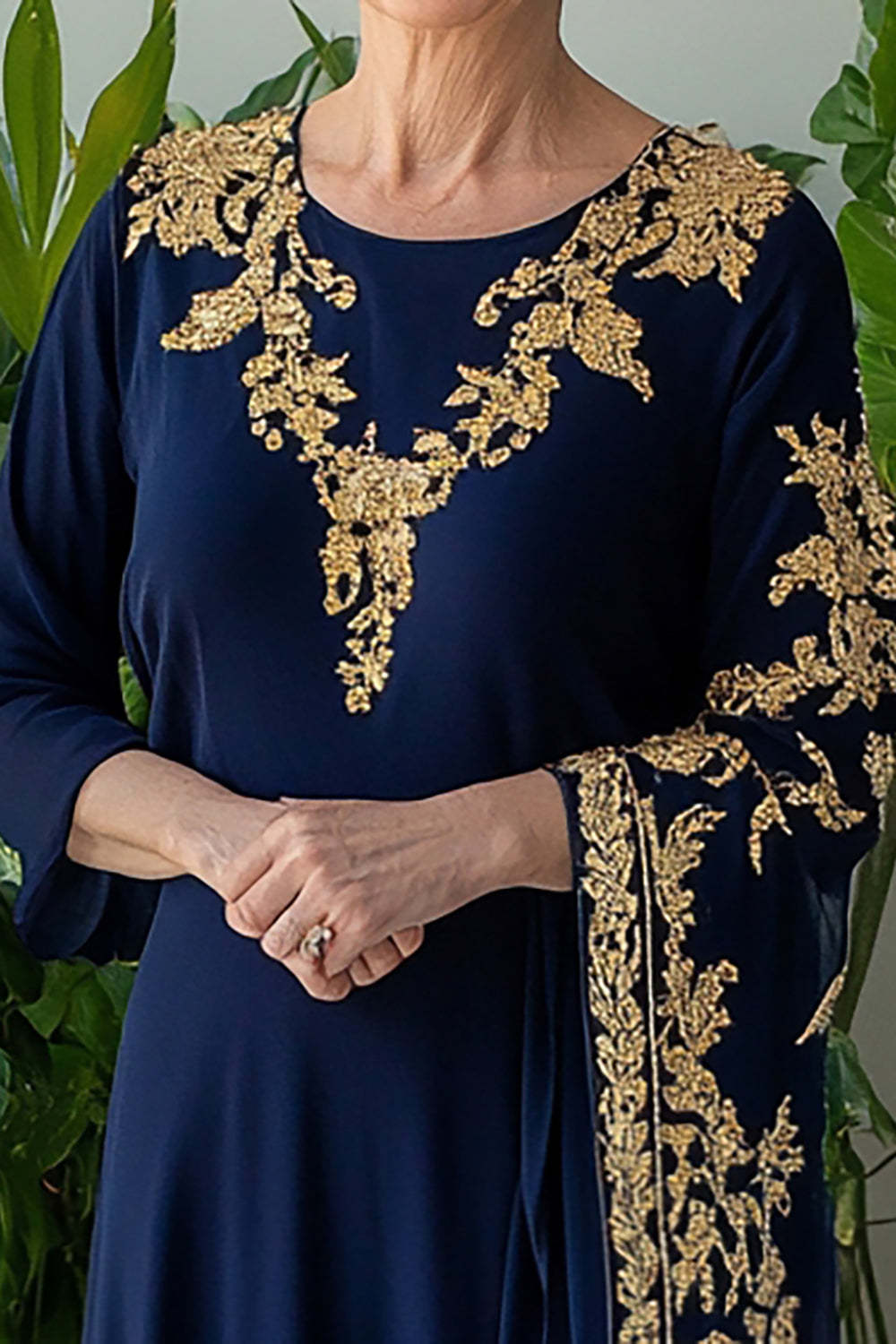 Navy Chiffon Lace Embroidery Mother of the Bride Dress with Side Cape