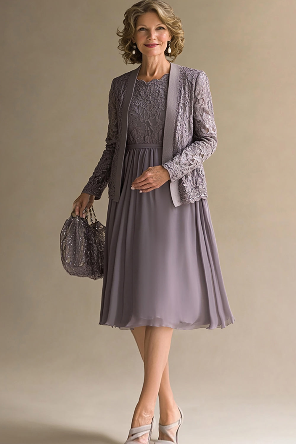 Leely Women Vintage Mauve Chiffon Lace Knee Length Mother of the Bride Dress with Jacket A Line Wedding Guest Dress