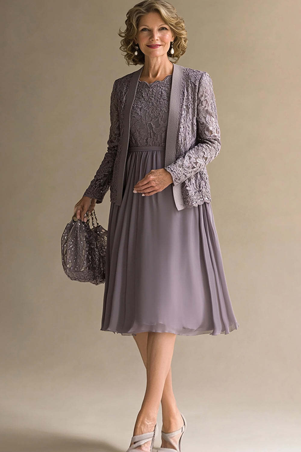 Leely Women Vintage Mauve Chiffon Lace Knee Length Mother of the Bride Dress with Jacket A Line Wedding Guest Dress