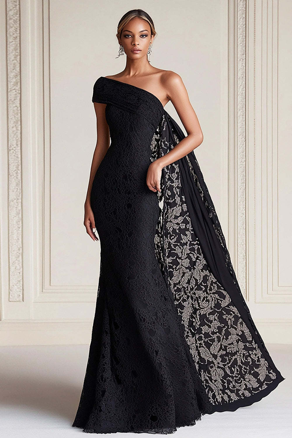 Leely Women Elegant Black One Shoulder Sheath Mother of the Bride Dress with Cape Floor Length Formal Dress