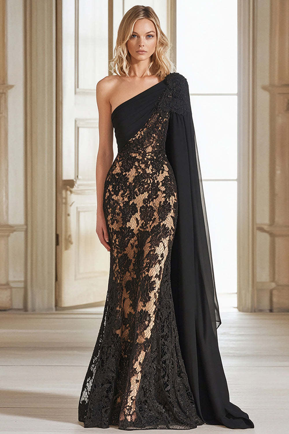 Leely Women Black Lace One Shoulder Sheath Mother of the Bride Dress with Cape Floor Length Formal Dress