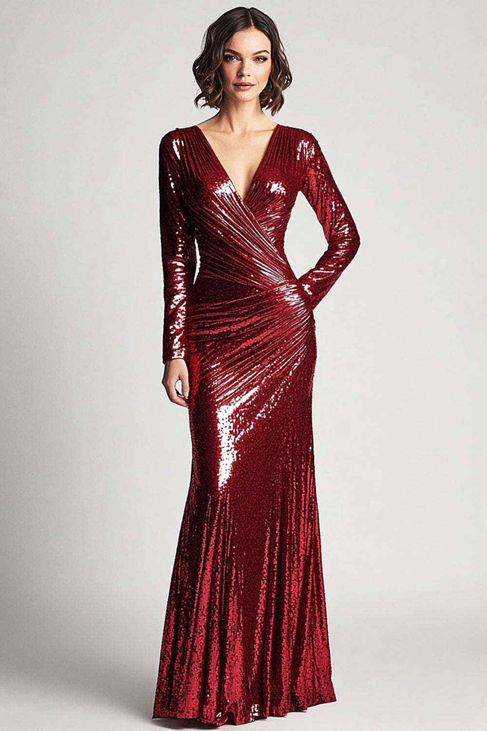 Leely Women Sparkly Burgundy Sequins Sheath Mother of the Bride Dress with Long Sleeves V-Neck Evening Gala Dress