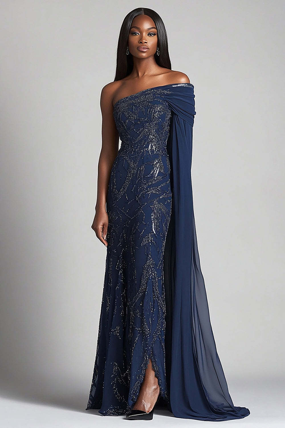 Leely Women Navy Sheath Mother of the Bride Dress with Cape Chiffon Beaded One Shoulder Formal Dress
