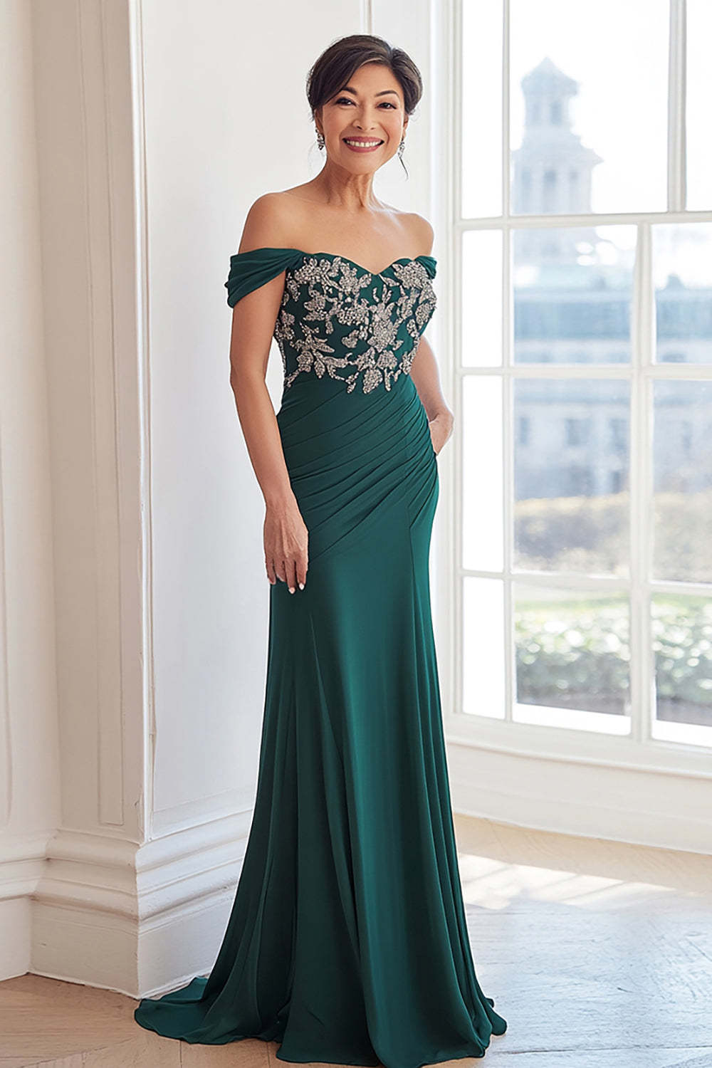 Leely Women Dark Green Off The Shoulder Mother of the Bride Dress with Applique Sheath Floor Length Formal Dress