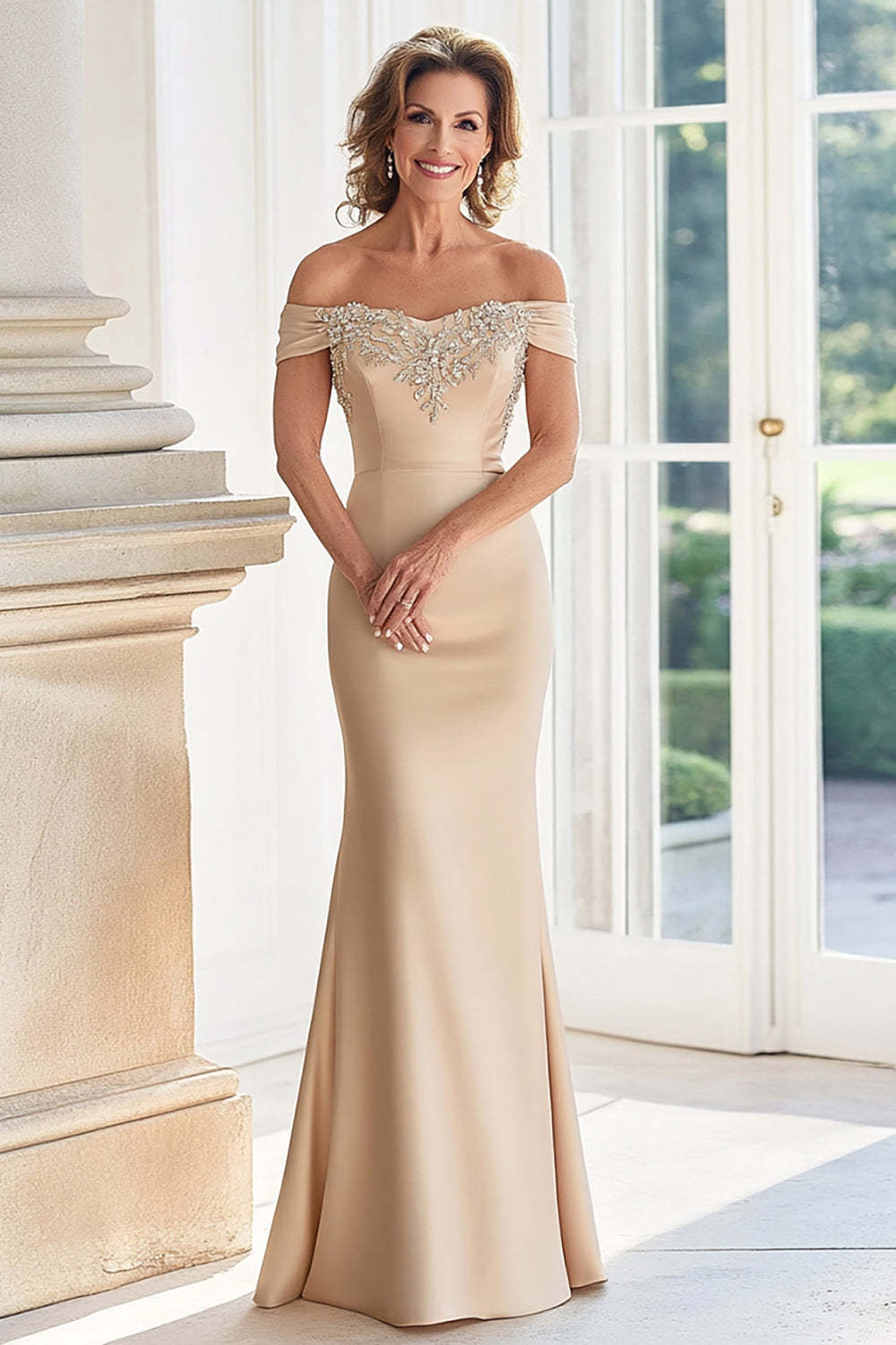 Leely Women Champagne Sheath Off The Shoulder Mother of the Bride Dress Satin Maxi Wedding Guest Dress