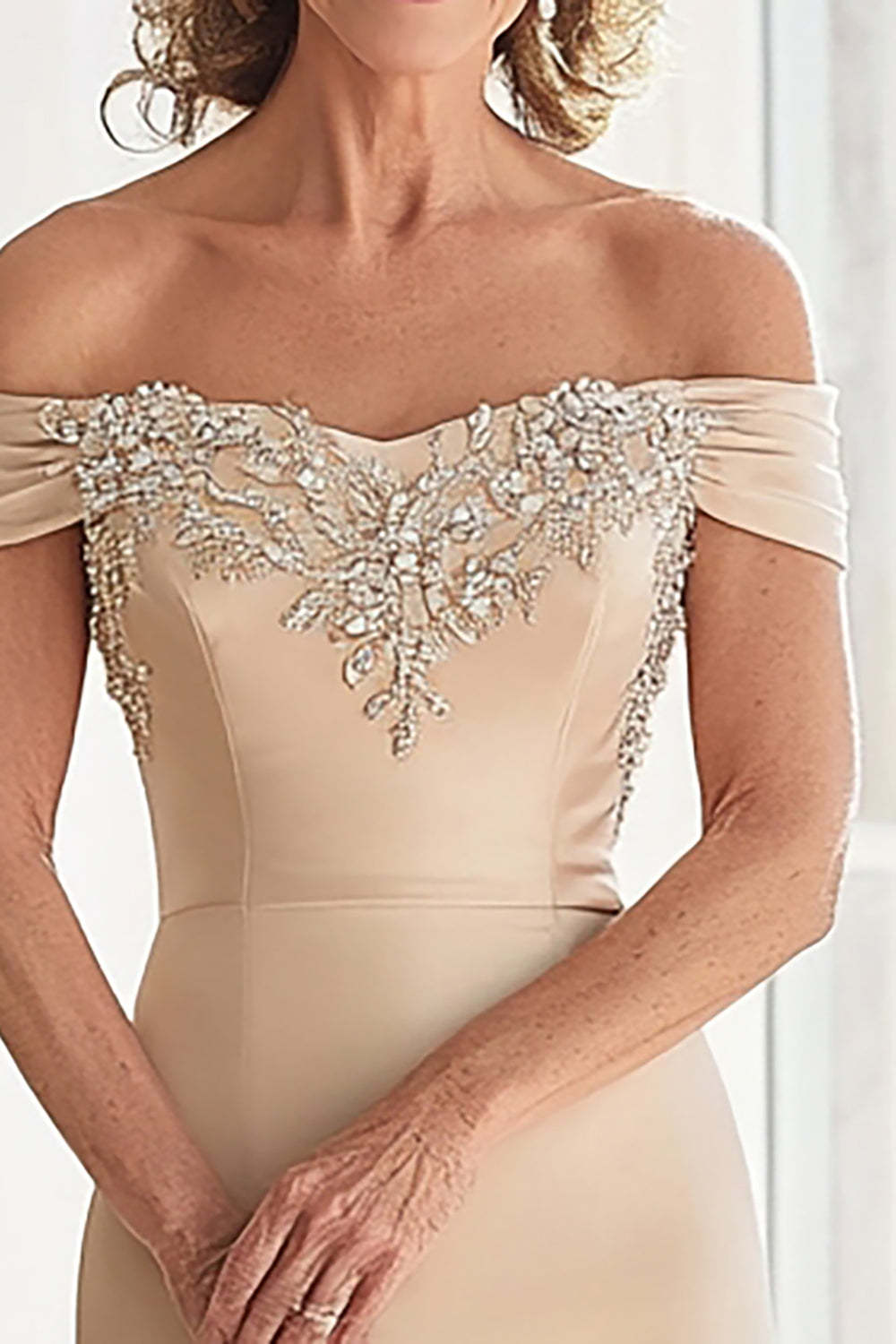 Champagne Sheath Off The Shoulder Mother of the Bride Dress