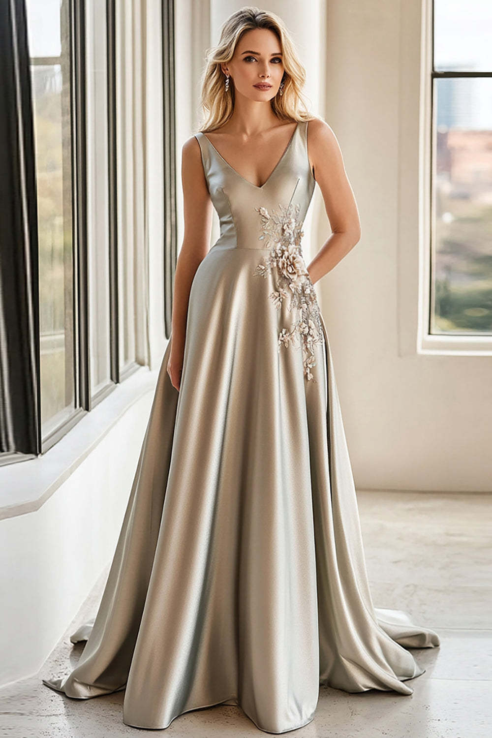 Leely Women Light Grey A Line Satin Applique Mother of the Bride Dress Floor Length V-Neck Prom Dress