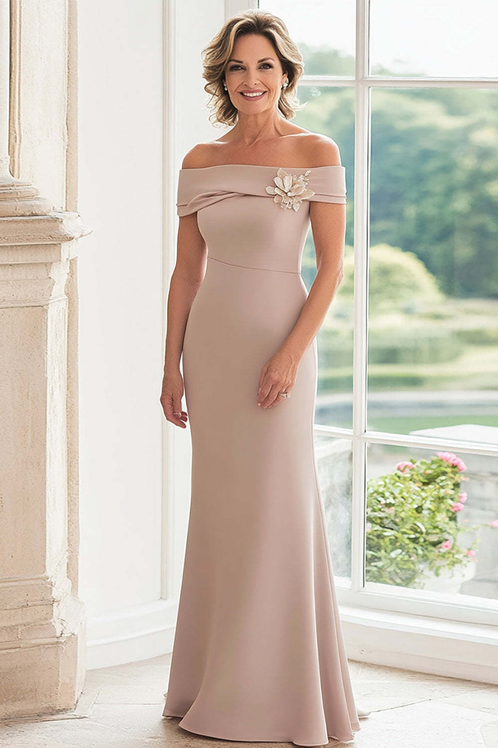 Leely Women Taupe Satin Off The Shoulder Sheath Mother of the Bride Dress with 3D Flowers Floor Length Wedding Guest Dress