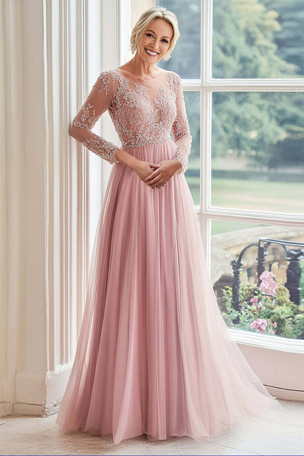 Leely Women Blush A Line Tulle Mother of the Bride Dress with Lace Applique Boat Neck Long Sleeves Wedding Guest Dress